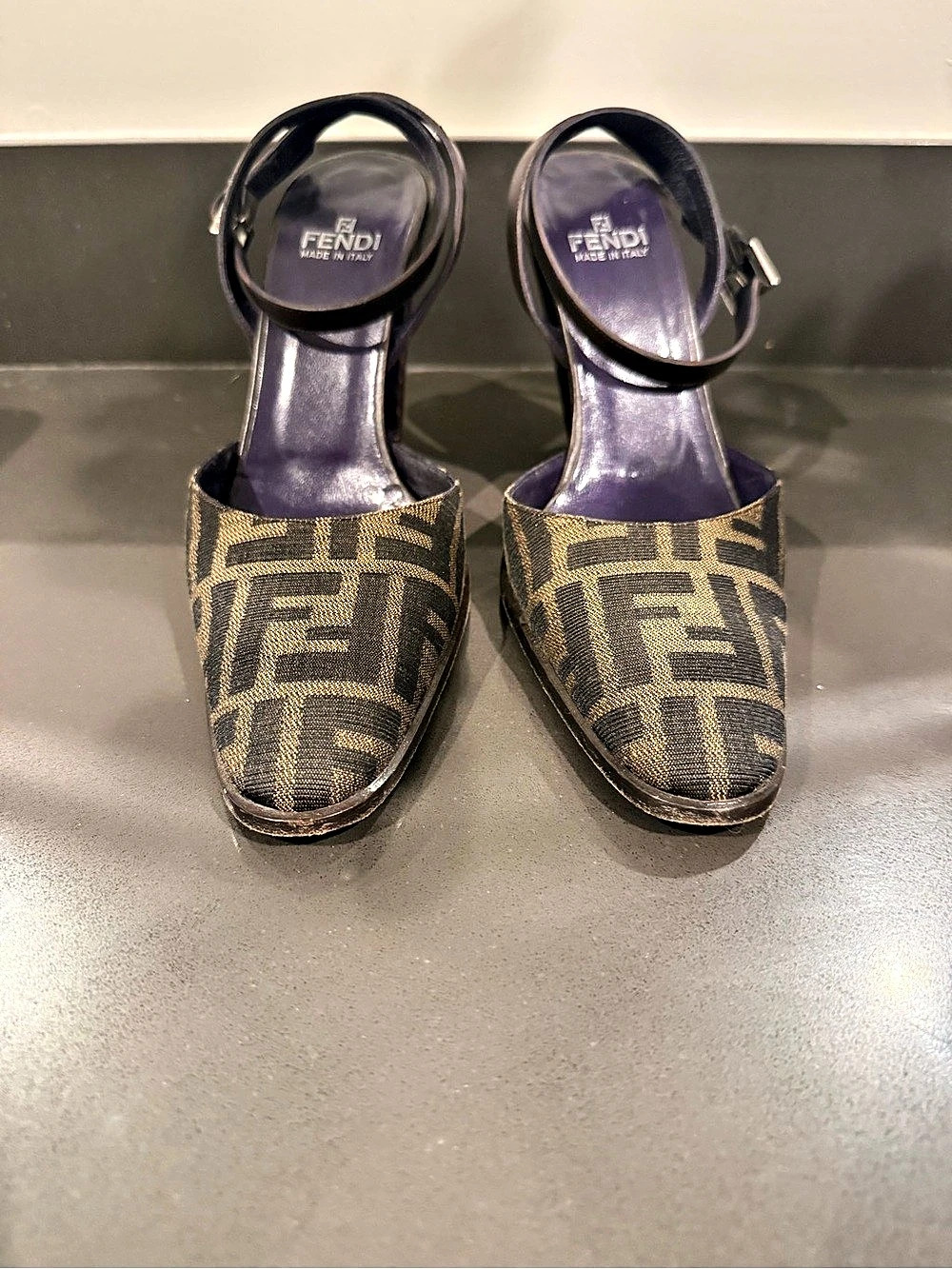 Fendi Print Ankle Strap Heels in Brown & Black